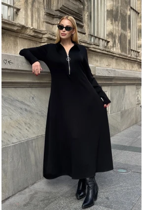 Polo Yaka Fermuarlı Çift Cep Rahat Kesim Elbise