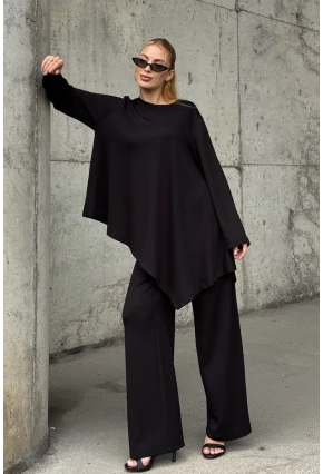 Rahat Kalıp Asimetrik Bluz Ve Pantolon Modal Kumaş Takım Siyah