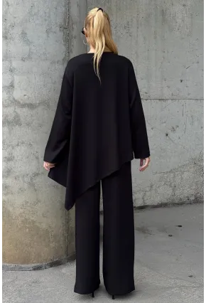 Rahat Kalıp Asimetrik Bluz Ve Pantolon Modal Kumaş Takım Siyah