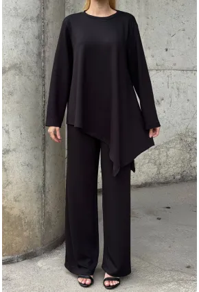 Rahat Kalıp Asimetrik Bluz Ve Pantolon Modal Kumaş Takım Siyah