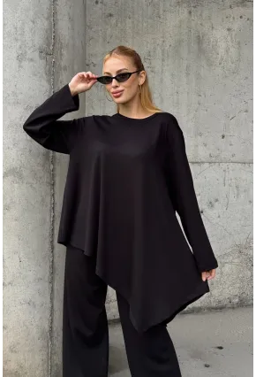 Rahat Kalıp Asimetrik Bluz Ve Pantolon Modal Kumaş Takım Siyah