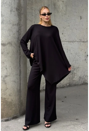 Rahat Kalıp Asimetrik Bluz Ve Pantolon Modal Kumaş Takım Siyah
