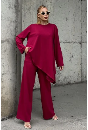 Rahat Kalıp Asimetrik Bluz Ve Pantolon Modal Kumaş Takım Bordo