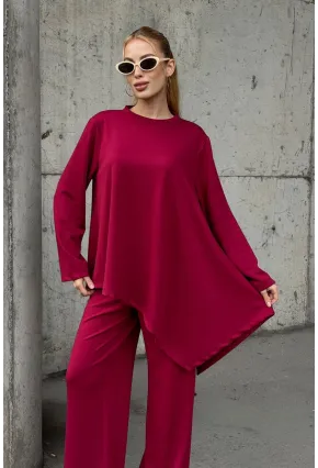 Rahat Kalıp Asimetrik Bluz Ve Pantolon Modal Kumaş Takım Bordo