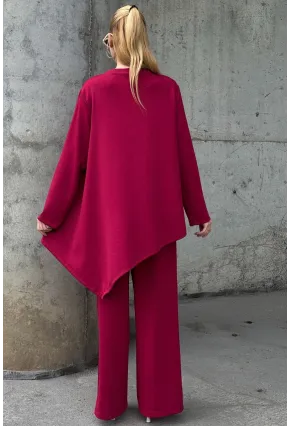Rahat Kalıp Asimetrik Bluz Ve Pantolon Modal Kumaş Takım Bordo