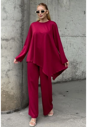Rahat Kalıp Asimetrik Bluz Ve Pantolon Modal Kumaş Takım Bordo