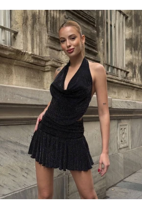 Simli Kumaş Sırt Dekolteli Crop Bluz