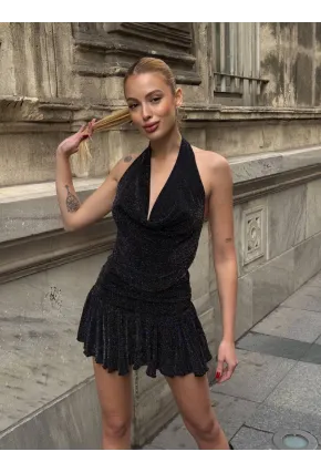 Simli Kumaş Sırt Dekolteli Crop Bluz