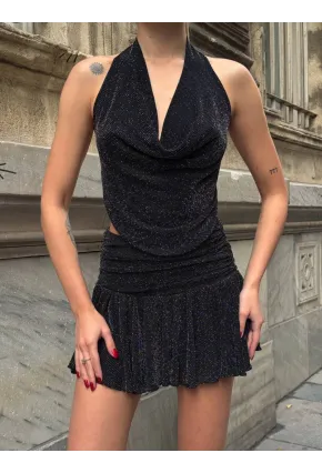 Simli Kumaş Sırt Dekolteli Crop Bluz