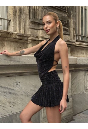 Simli Kumaş Sırt Dekolteli Crop Bluz