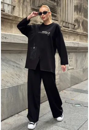 Siyah Cep Detay 2 İplik Kumaş Bluz ve Pantalon Alt Üst Takım