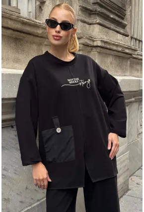 Siyah Cep Detay 2 İplik Kumaş Bluz ve Pantalon Alt Üst Takım