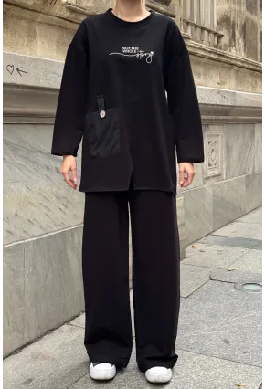 Siyah Cep Detay 2 İplik Kumaş Bluz ve Pantalon Alt Üst Takım