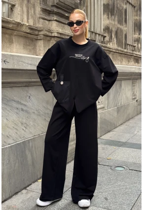 Siyah Cep Detay 2 İplik Kumaş Bluz ve Pantalon Alt Üst Takım