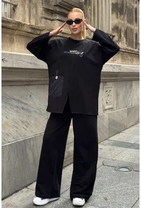 Siyah Cep Detay 2 İplik Kumaş Bluz ve Pantalon Alt Üst Takım