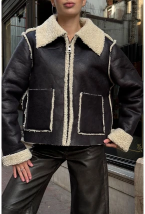 Siyah Çift Cepli İçi Suni Kürklü Biker Mont