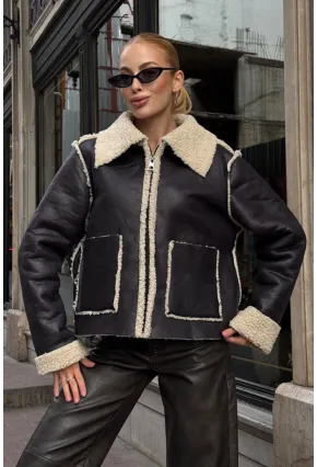 Siyah Çift Cepli İçi Suni Kürklü Biker Mont