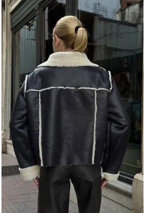 Siyah Çift Cepli İçi Suni Kürklü Biker Mont