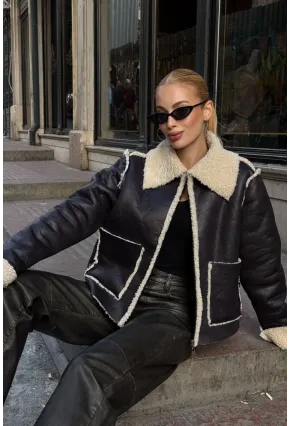 Siyah Çift Cepli İçi Suni Kürklü Biker Mont
