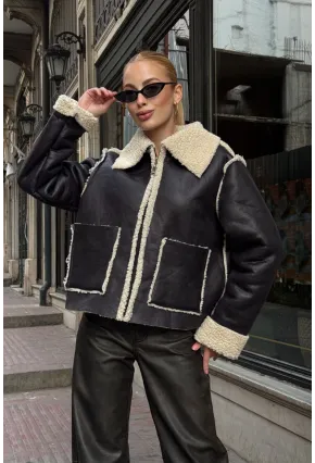 Siyah Çift Cepli İçi Suni Kürklü Biker Mont