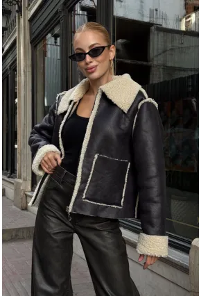 Siyah Çift Cepli İçi Suni Kürklü Biker Mont
