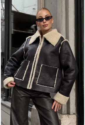 Siyah Çift Cepli İçi Suni Kürklü Biker Mont