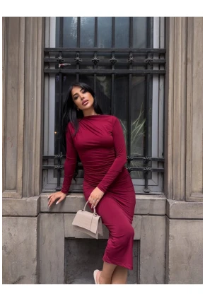 Yaka Detay Sandy Kumaş Elbise Bordo