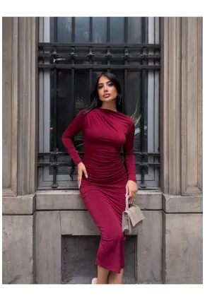 Yaka Detay Sandy Kumaş Elbise Bordo