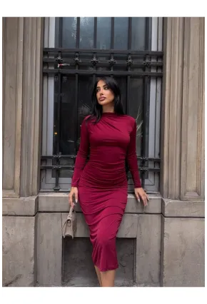 Yaka Detay Sandy Kumaş Elbise Bordo