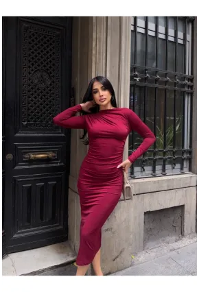 Yaka Detay Sandy Kumaş Elbise Bordo