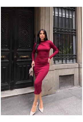 Yaka Detay Sandy Kumaş Elbise Bordo