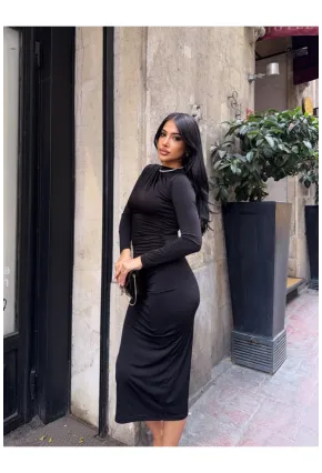 Yaka Detay Sandy Kumaş Elbise Siyah