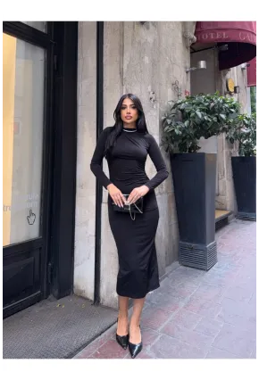 Yaka Detay Sandy Kumaş Elbise Siyah