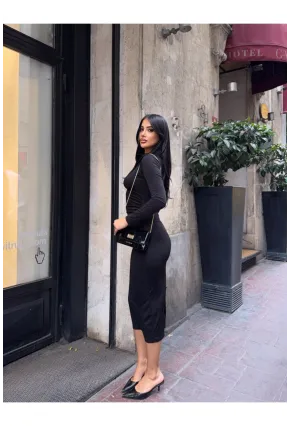 Yaka Detay Sandy Kumaş Elbise Siyah