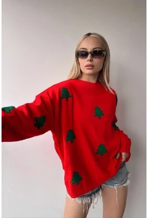 Yılbaşı Özel Çam Ağacı Nakışlı Kırmızı Triko Kazak