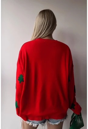 Yılbaşı Özel Çam Ağacı Nakışlı Kırmızı Triko Kazak