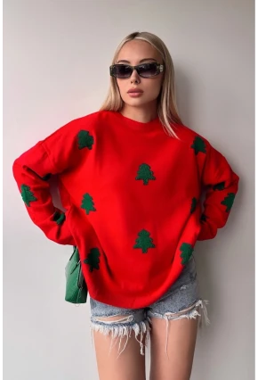 Yılbaşı Özel Çam Ağacı Nakışlı Kırmızı Triko Kazak