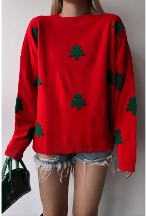 Yılbaşı Özel Çam Ağacı Nakışlı Kırmızı Triko Kazak