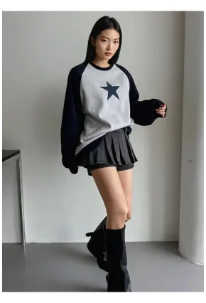 Yıldız Desenli Bloklu Oversize Sweatshirt