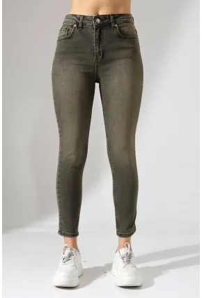 Yüksek Bel Dar Paça Yıkamalı Kadın Jean Haki