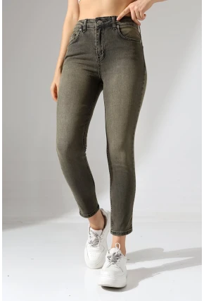 Yüksek Bel Dar Paça Yıkamalı Kadın Jean Haki