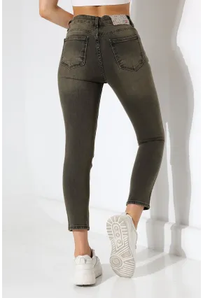 Yüksek Bel Dar Paça Yıkamalı Kadın Jean Haki