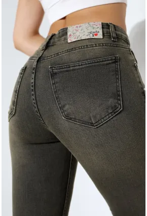 Yüksek Bel Dar Paça Yıkamalı Kadın Jean Haki