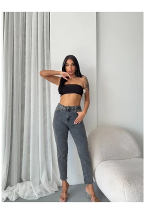 Yüksek Bel Yıkamalı Antrasit Mom Jean