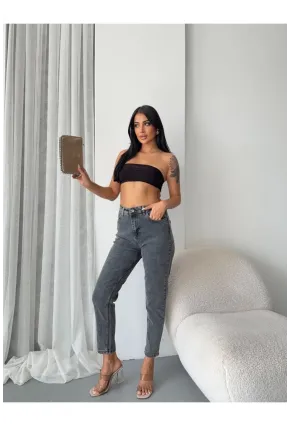Yüksek Bel Yıkamalı Antrasit Mom Jean