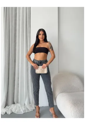 Yüksek Bel Yıkamalı Antrasit Mom Jean