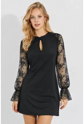 Siyah Dantel Kol Detaylı Salaş Kesim Mini Elbise