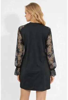 Siyah Dantel Kol Detaylı Salaş Kesim Mini Elbise