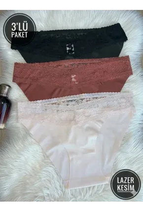 3lü Pamuklu Dantelli Dikişsiz Külot
