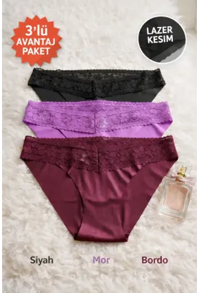 3lü Pamuklu Dantelli Dikişsiz Külot Siyah Bordo
